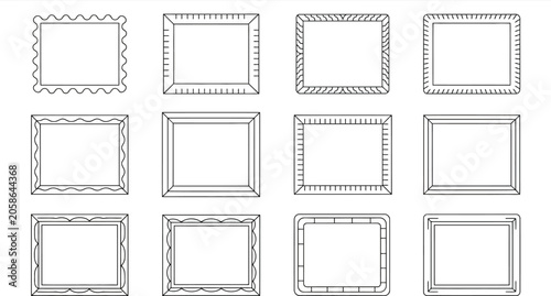 Twelve black and white outline frames and borders on white background collection