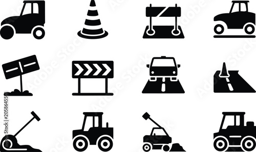 Set of black road construction icons with heavy machinery and traffic safety signs