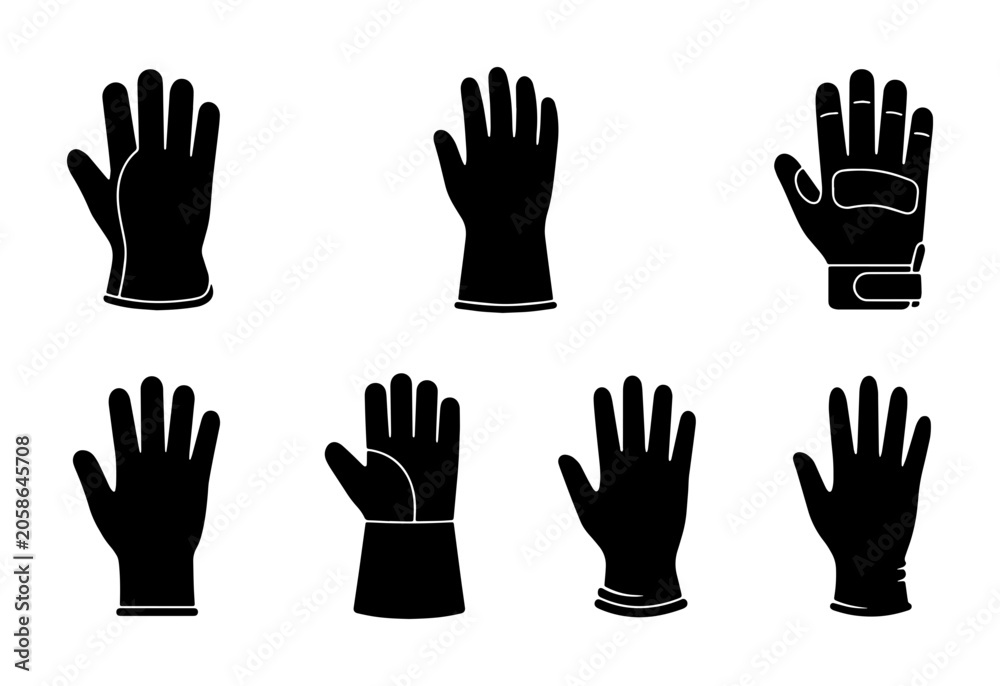 Obraz premium Black Glove Icons Set, Safety Handwear Collection, Protective Mittens Vector Graphics for Work and Sport