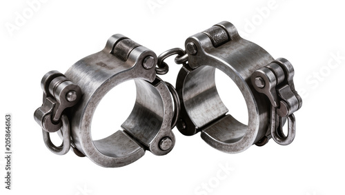 Canvastavla Antique metal handcuffs with intricate locking mechanisms, isolated on transpare