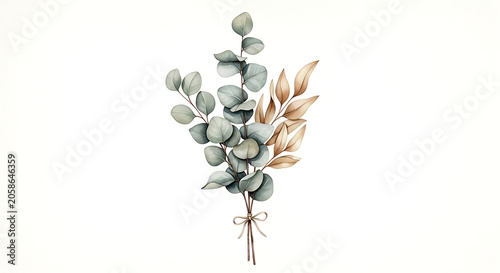 Watercolor eucalyptus and golden leaf branch bundle on white background