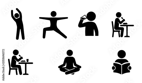 Slika na platnu Stick Figure Icons: Health, Fitness, Meditation, Eating, Reading, Lifestyle Acti