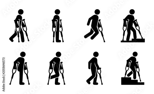 Schilderij op canvas Crutch Icon Set, Human Mobility Aid Vector Graphics, Ambulatory Assistance Symbo