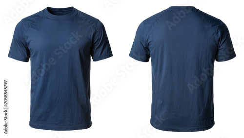 Photos Navy blue short-sleeved crew neck t-shirt front and back view, isolated on trans