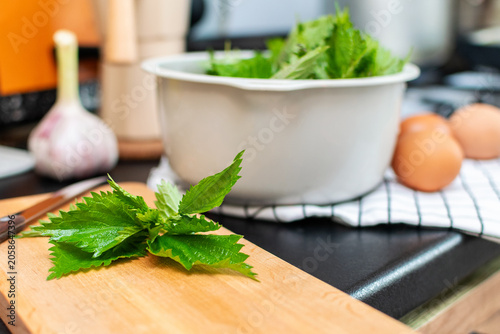 Close up of fresh nettle herbs on cutting board in a modern kitchen. Background with ingredients for traditional green soup. Healthy cooking with wild edible plants.
