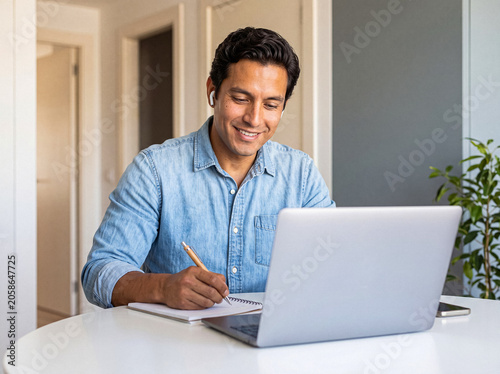 Fotografía Smiling young man working efficiently from home with his laptop and notebook, wearing wireless earbuds