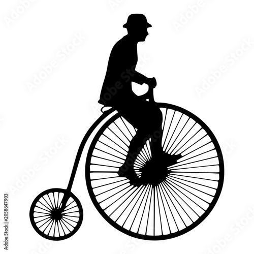 Vintage penny farthing high wheeler bicycle silhouette with rider