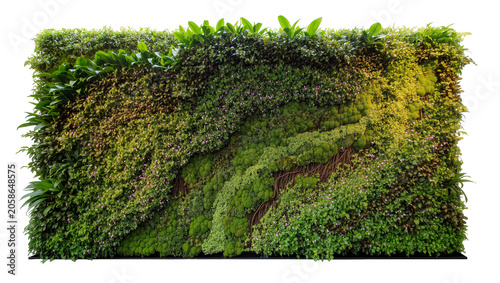 Foto Lush vertical garden wall with diverse green foliage and exposed roots, isolated