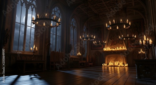 Grand gothic ballroom interior with lit chandeliers and candles