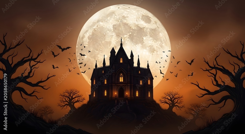 Fototapeta premium Spooky haunted mansion under a giant full moon with bats and bare trees at night