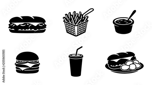 Εκτύπωση καμβά Fast Food Icons Set: Delicious Burgers, Subs, Fries, Drinks, and Sauces for Menu