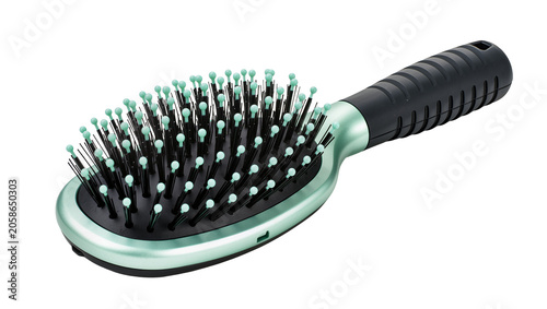 Obraz na plátně Oval hair brush with black bristles and mint green tips, isolated on transparent