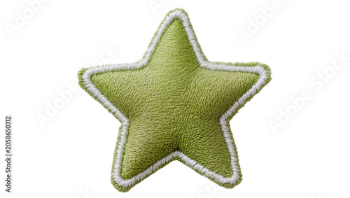 Quadro su tela Plush green star shape with white embroidered trim, isolated on transparent back