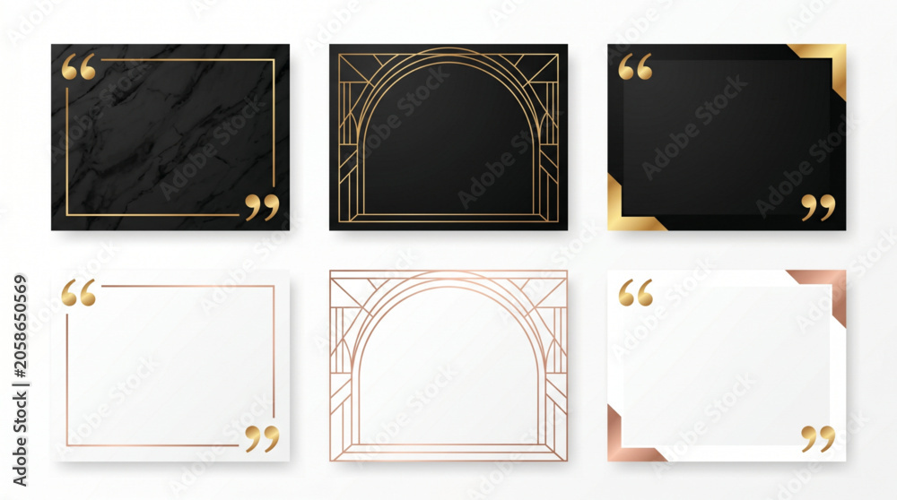 Obraz premium Luxurious quote box vector frame layout template collection with quotation marks for text citation. Art Deco, marble, black, gold and rose gold empty frames for social media post or card design.