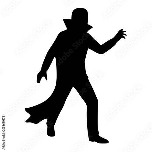 Vampire silhouette with high collar and cape walking forward