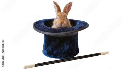Fotografie Fluffy brown rabbit emerging from a velvet top hat magic wand nearby, isolated o