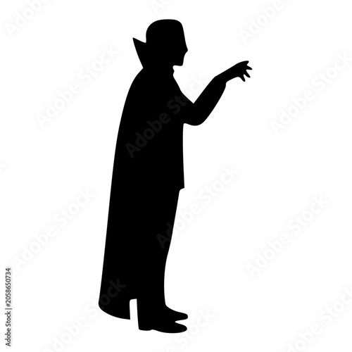 Vampire count silhouette with high collar and cape standing in profile