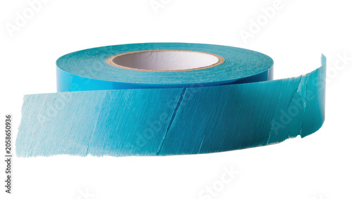 Turquoise double-sided adhesive tape roll with torn edge, isolated on transparent background