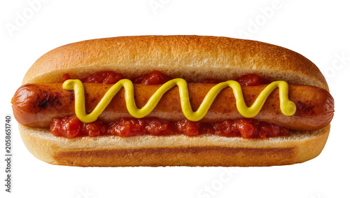 Fotografie Grilled sausage hot dog with tomato relish and mustard drizzle, isolated on tran