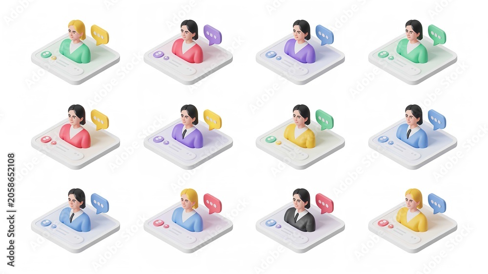 Fototapeta premium Isometric set of diverse business people avatars with colorful speech bubbles and profile cards on a clean white background design