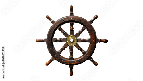 Konstfotografi Antique wooden ship s wheel with brass accents, isolated on transparent backgrou