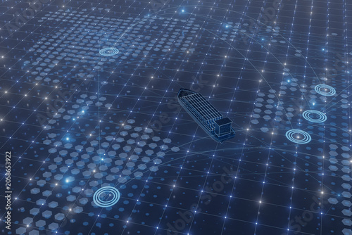 Global network visualization shows ship on digital map with connections to various locations and data points throughout the world