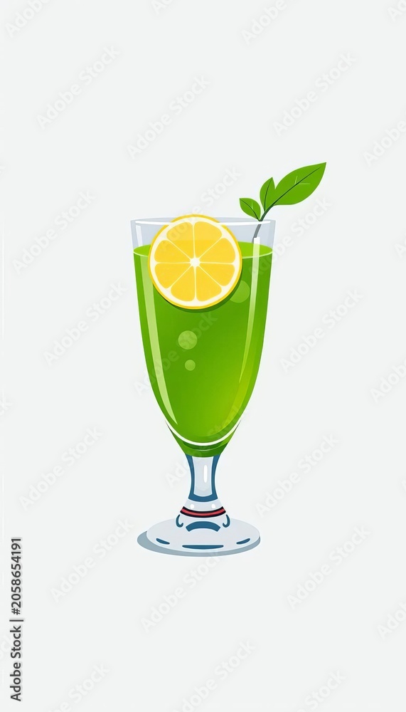 Fototapeta premium A simplified illustration of a glass filled with green juice and garnished with a lemon slice, plant based, fitness