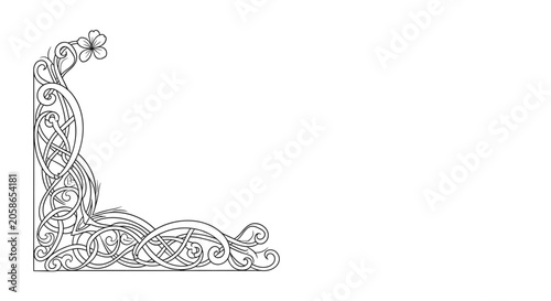 Beautiful ornate corner decorative border ornament in classic celtic style with a small flower in black lines.