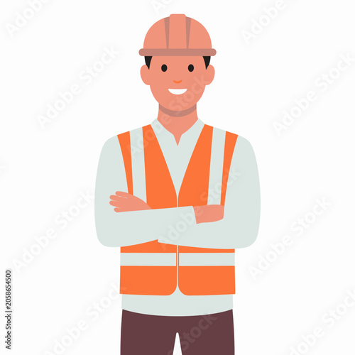Smiling male construction worker wearing orange safety vest.