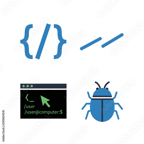 Software development and computer programming bug fixing icons.