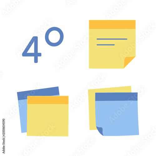 Sticky note illustrations with number four and paper sheets.
