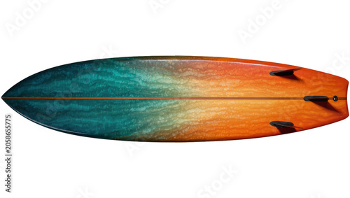 Bild auf Leinwand Gradient teal to orange surfboard with wooden stringer, isolated on transparent