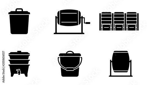 Foto Set of 6 Black Silhouette Icons: Trash Can, Butter Churn, Barrels, Steamer, Buck