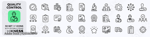 Foto Quality control and assurance web line icons including checklists, seals, approval stamps, gears, documents, and measurement tools Collection