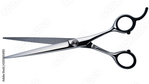 Obraz na płótnie Professional silver metal barber scissors with black finger grips, isolated on t