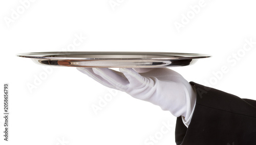 White gloved hand holding polished silver tray, isolated on transparent background