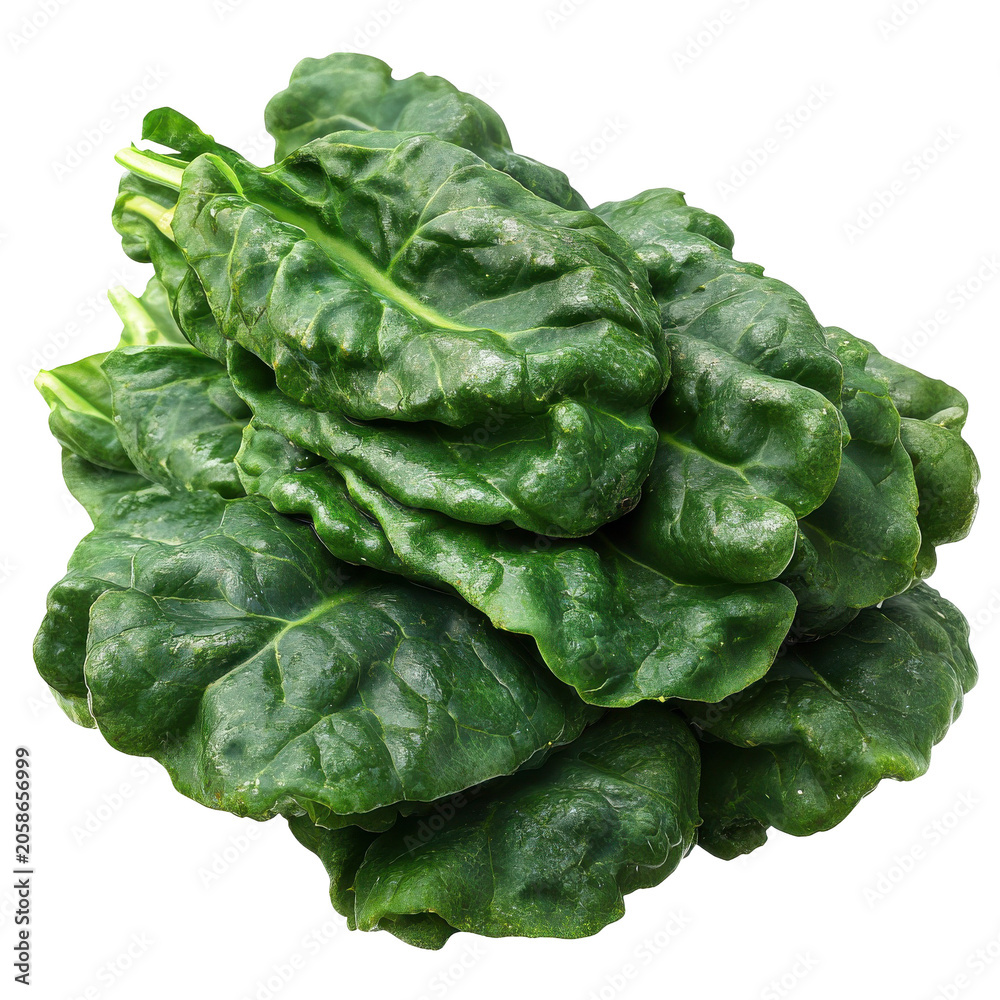 Fototapeta premium Freshly harvested spinach bunch with vibrant green leaves and visible veins isolated on white background