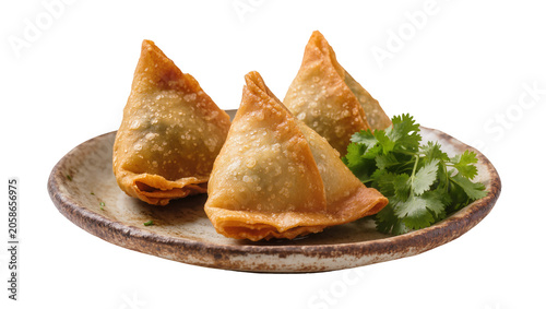 Konstfotografi Golden brown crispy samosas with fresh cilantro on a rustic plate, isolated on t