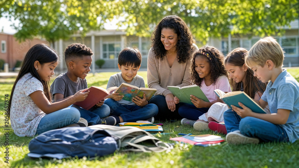 Fototapeta premium Teacher and diverse children reading books together outdoors on school lawn in sunny education activity