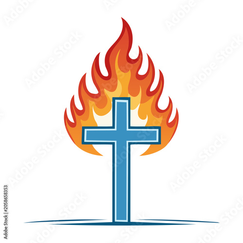Blue Christian cross on fire icon
