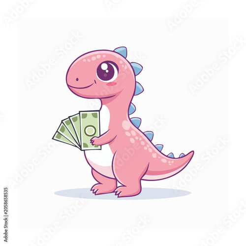 Cute pink cartoon dinosaur holding money