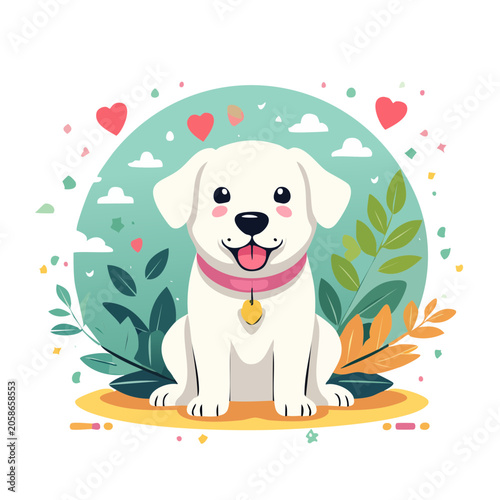Cute White Puppy Illustration with Nature Background