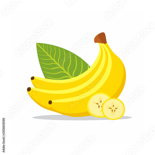 Flat Design Banana Bunch with Leaf and Slice