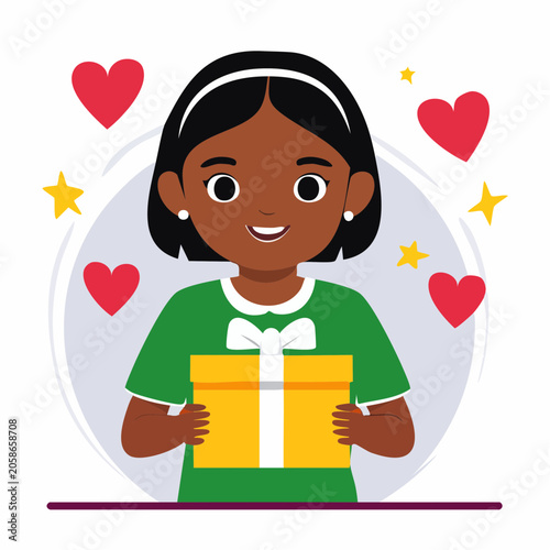 Happy Girl Holding a Gift Box with Hearts and Stars