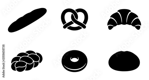 Fotografija Black Silhouette Bakery Icons: Baguette, Pretzel, Croissant, Challah, Donut, Rou