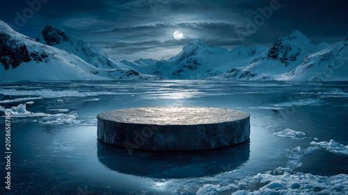 Abstract background for a product presentation, a round stone podium on an icy lake with snow-covered mountains in the winter night.