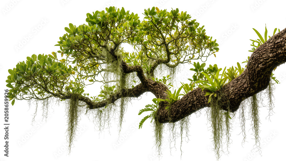 Fototapeta premium Thick tree branch with lush green leaves and hanging moss, isolated on transparent background