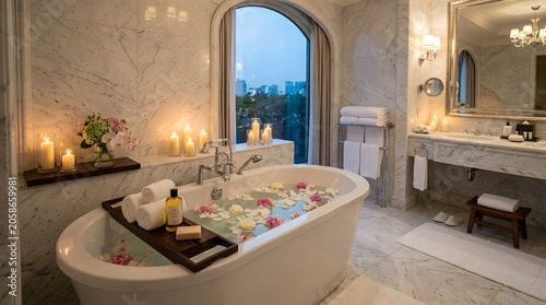 Luxury hotel bathroom, marble, candles, white towels, bathtub with flowers, no people
