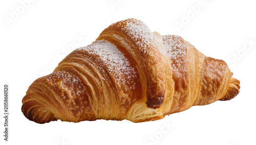 Obraz na plátně Golden flaky croissant dusted with powdered sugar, isolated on transparent backg