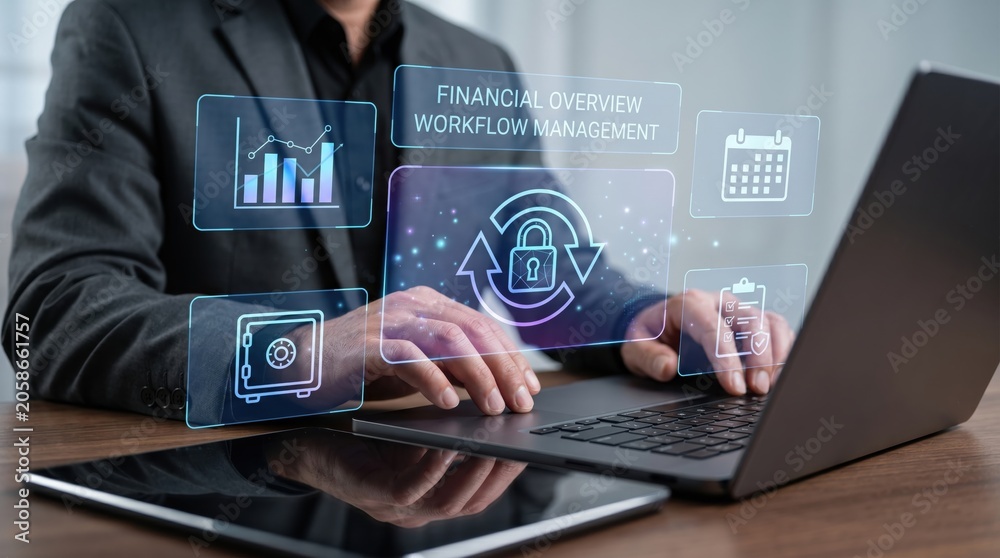 Fototapeta premium Businessman working on laptop with financial overview hologram, workflow management interface, security lock icon